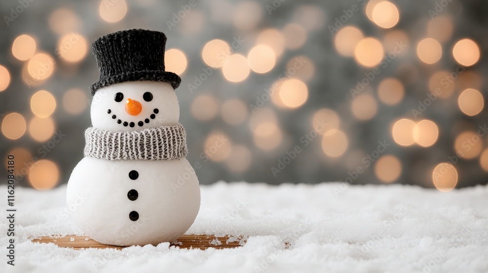 Obraz premium A charming snowman with a black top hat and gray scarf sits on a snowy surface, surrounded by a soft, blurred background of warm bokeh lights, evoking a cozy winter atmosphere.