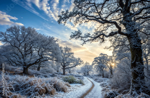 A winding dirt path, covered in snow and frost, leads through a winter wonderland.  Large, ancient oak trees, heavily laden with frost and snow, line both sides of the path. photo