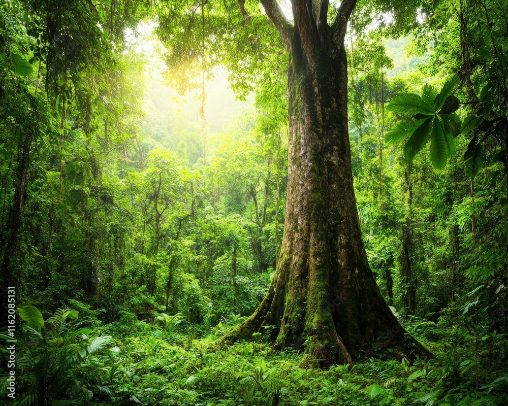 Obraz premium A lush, vibrant rainforest scene featuring a large tree surrounded by dense greenery, capturing the beauty and tranquility of nature.