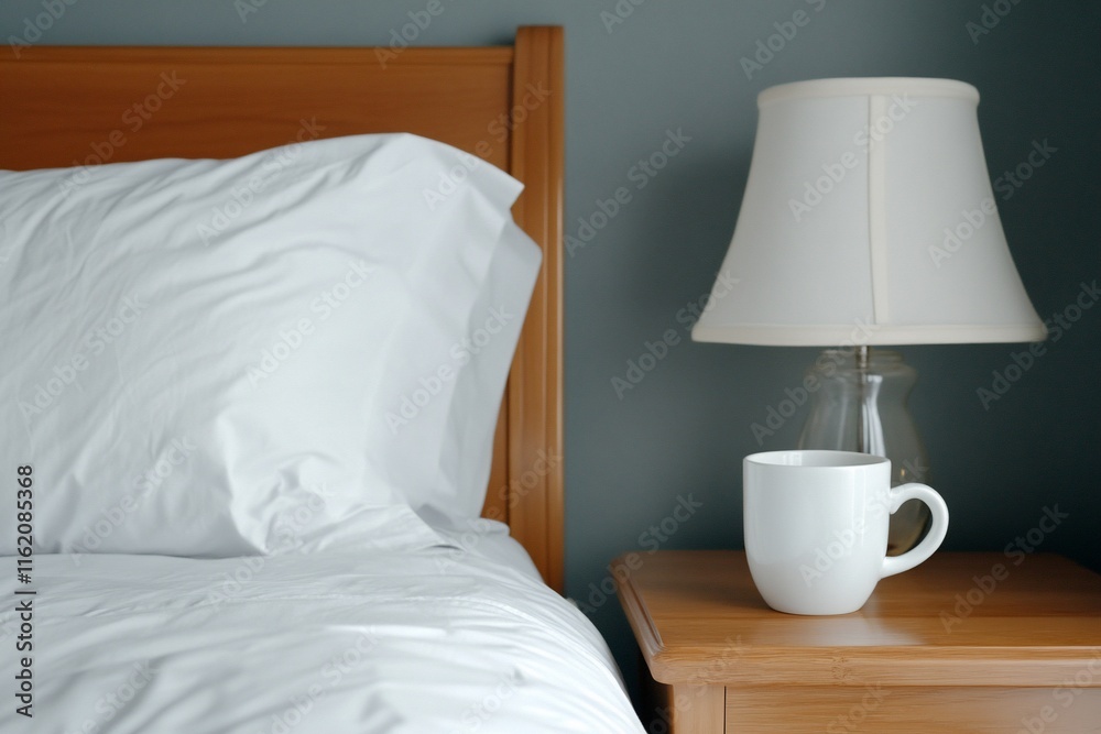 A serene bedside scene with a white mug and lamp beside a bed. A serene bedside scene with a white mug and lamp beside a bed.