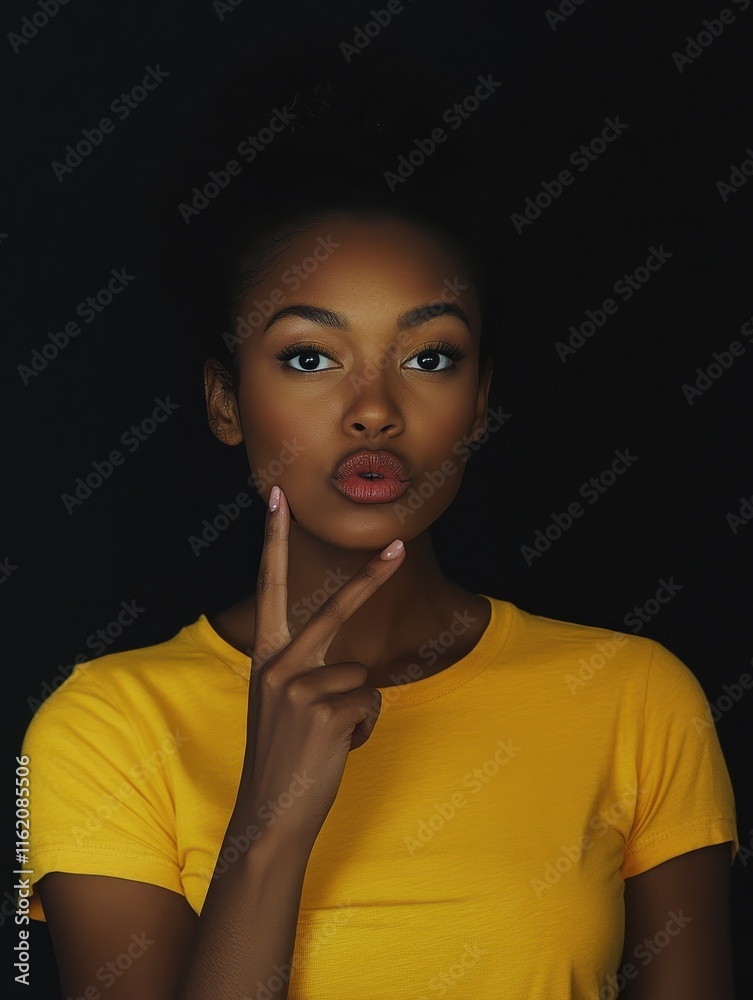 Fototapeta premium Stupefied secret dark skinned woman makes gesture quietly, asks remain silent, gossips about something, looks mysteriously as tells secret, wears bright yellow t shirt, stands indoor. Shh, dont speak
