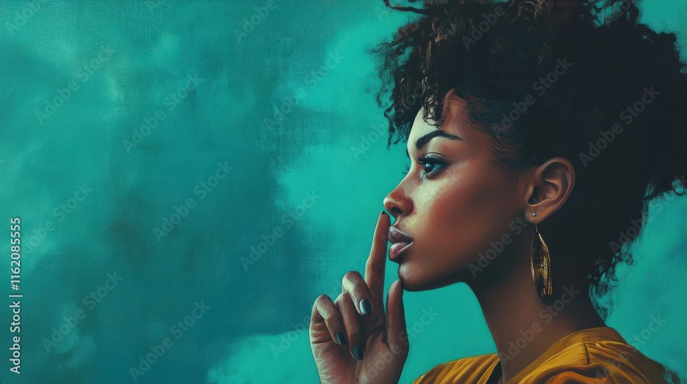 Obraz premium A thoughtful woman with fingers to her lips stands against a teal background, creating an atmosphere of quiet contemplation and enigmatic storytelling.
