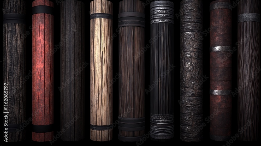 Diverse Wooden Cylinders Texture Collection Dark Background Diverse Wooden Cylinders Texture Collection Dark Background