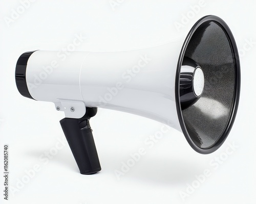 A white and black megaphone designed for amplifying sound, often used in public speaking, events, and emergencies. photo