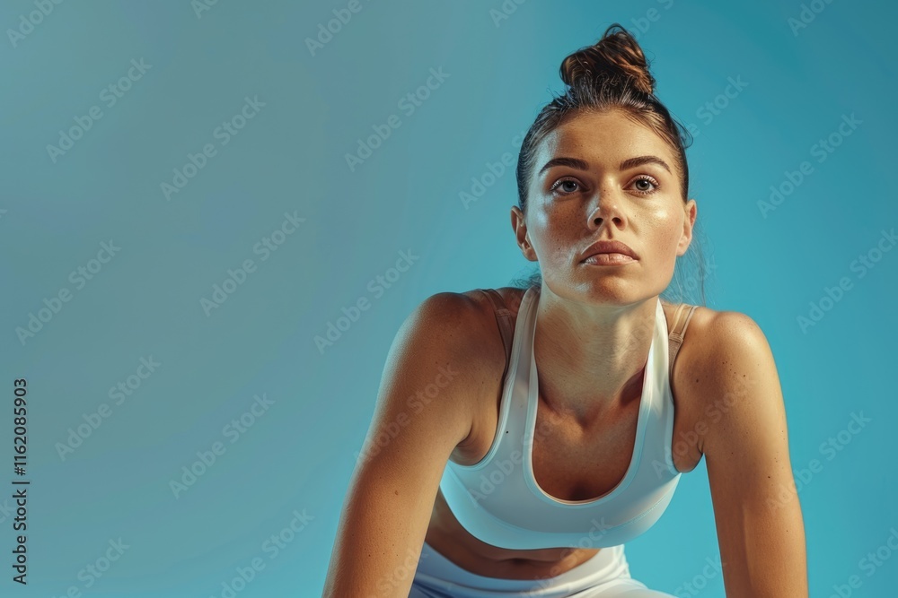 Sportswoman exercising elbow to knee crunch in blue studio. Sportswoman exercising elbow to knee crunch in blue studio.