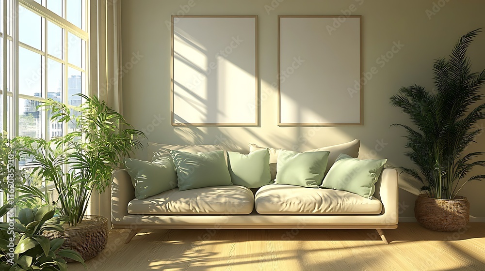 Sunlit living room with beige sofa, green pillows, plants, and two blank frames.