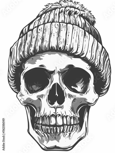 An illustration of human skull wearing a beanie. T-shirt design template. Print template.