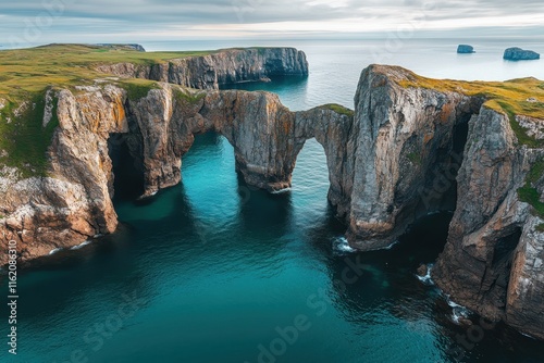 Majestic coastal rock formations rise dramatically from the turquoise waters, creating natural arches and impressive cliffs. The landscape showcases a rugged beauty amid serene surroundings. photo