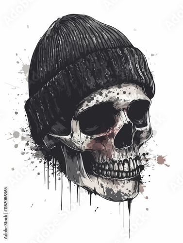 An illustration of human skull wearing a beanie. T-shirt design template. Print template.