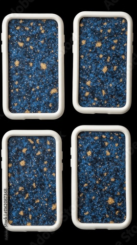 The image displays four smartphone cases featuring a textured design with a blue and gold speckled pattern, showcasing a stylish and modern accessory for mobile devices. photo