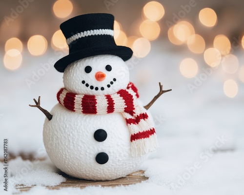 A cheerful snowman made of white material, adorned with a black top hat, a red and white striped scarf, and buttons, set against a softly blurred background of warm lights and snow.