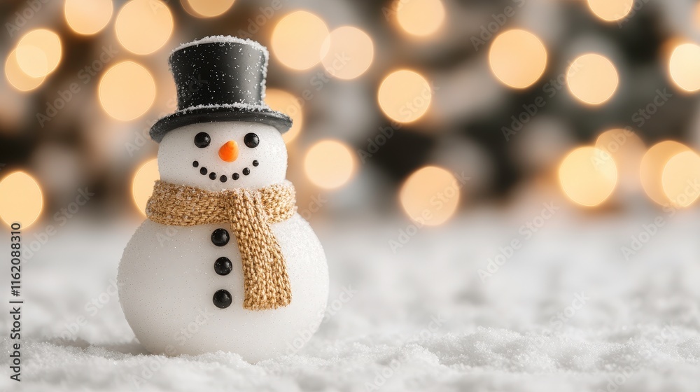 Obraz premium A charming snowman with a black hat and a scarf stands on a snowy surface, set against a backdrop of warm, glowing lights, evoking a cozy winter atmosphere.