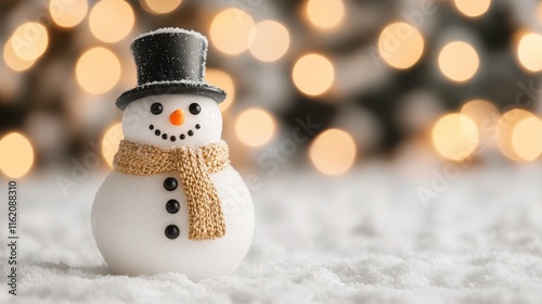 A charming snowman with a black hat and a scarf stands on a snowy surface, set against a backdrop of warm, glowing lights, evoking a cozy winter atmosphere.