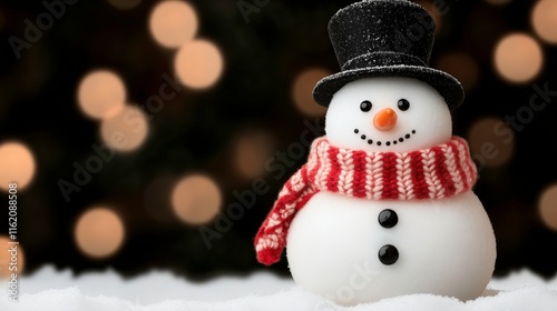 A cheerful snowman stands against a dark background, adorned with a classic black top hat and a striped scarf, surrounded by soft snow, evoking a festive winter atmosphere. photo