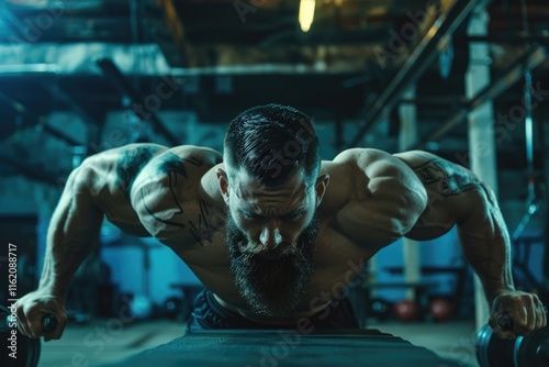 Muscular man doing chest exercises in gym.