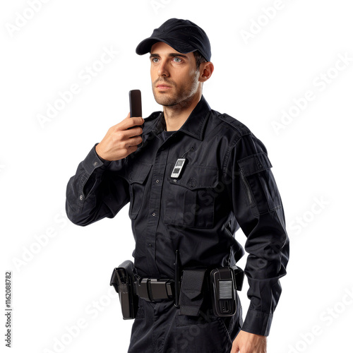 A security guard in a black uniform, holding a walkie-talkie , white background. photo