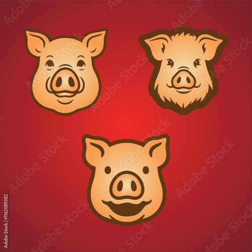 A set of Pig icons with a simple illustration of a pig's head in line art style