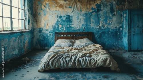 Desolate Bedroom: A Haunting Scene of Abandonment in a Decaying Building photo