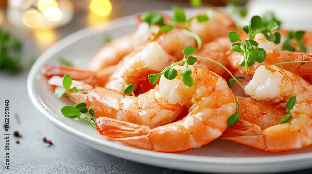 A plate of delicately arranged shrimp garnished with microgreens, served in a high-end dining atmosphere with warm lighting A plate of delicately arranged shrimp garnished with microgreens, served in a high-end dining atmosphere with warm lighting