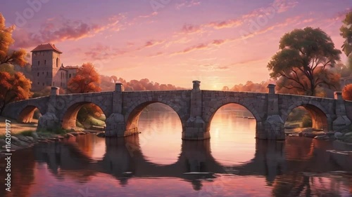 Serene sunset view of a stone bridge over a calm river, picturesque landscape, peaceful scenery