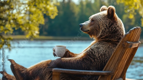 Funny brown bear animal resting and relaxing, drinking coffee from the white cup or mug on the wooden deck, he is sitting on a wooden chair near the lake water, outdoors enjoyment for animal, sunny photo