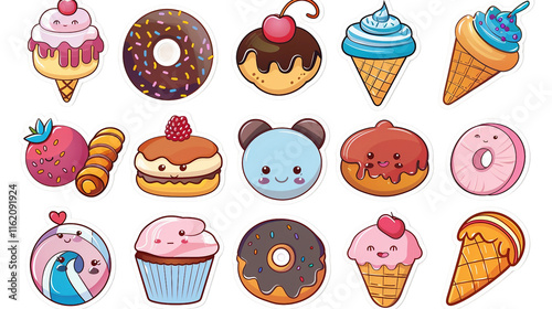 Set of cute sweet desserts in kawaii style with smiling faces isolated on transparent background. These adorable kawaii stickers capture joyful, playful food illustrations perfect for creative.