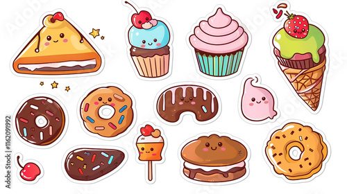 Set of cute sweet desserts in kawaii style with smiling faces isolated on transparent background. These adorable kawaii stickers capture joyful, playful food illustrations perfect for creative.