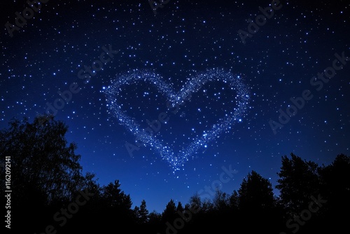 A beautiful heart shape made of stars shines brightly in the night sky, surrounded by dark trees in a tranquil setting. The celestial display evokes feelings of love and peace.