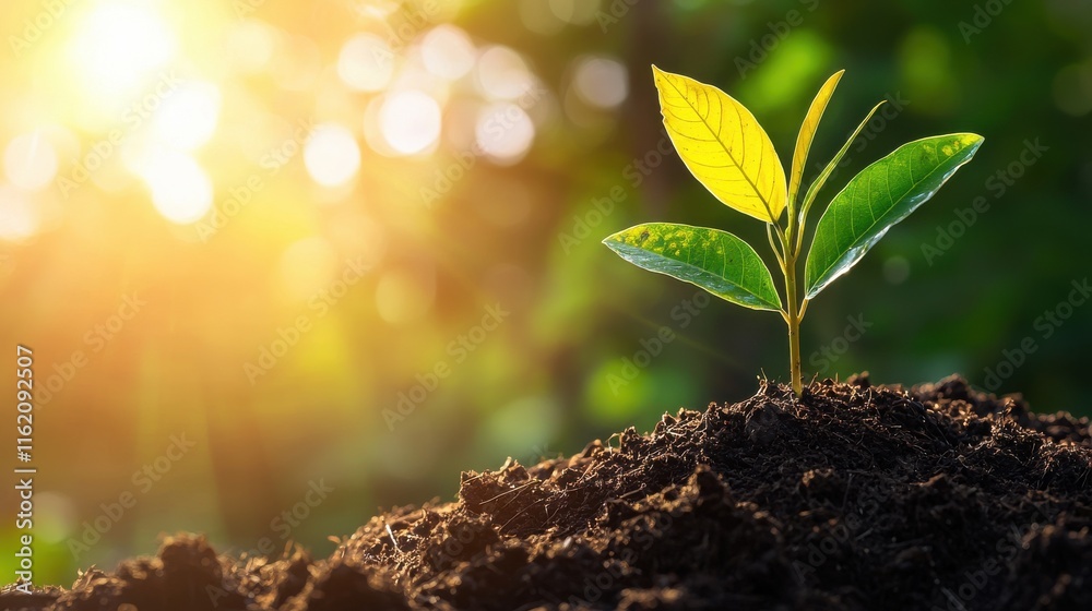 Beginning of life fresh sapling growing from soil in sunlight nature lush environment close-up view Beginning of life fresh sapling growing from soil in sunlight nature lush environment close-up view