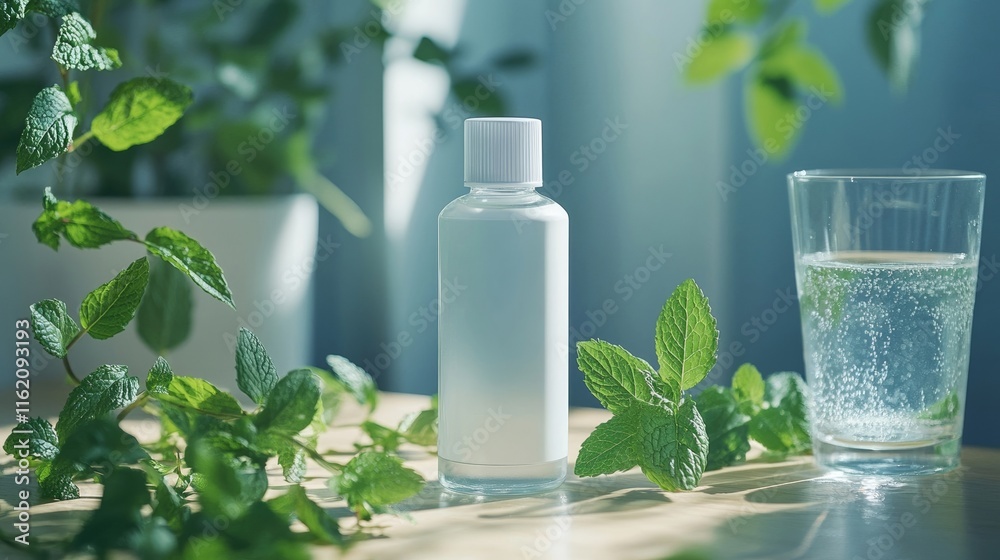 A flat lay of a minimalist white mouthwash bottle with a clear cap, surrounded by fresh mint leaves and a glass of water, simple and modern A flat lay of a minimalist white mouthwash bottle with a clear cap, surrounded by fresh mint leaves and a glass of water, simple and modern