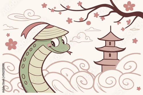 Lunar New Year 2025: A Dreamlike Scene with a Friendly Green Snake in a Traditional Chinese Hat Amidst Cherry Blossoms and Pagodas, Capturing the Essence of Lunar Celebrations in Pastel Tones.