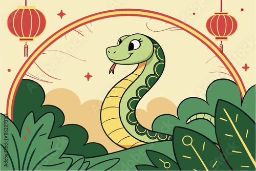 Enchanting Lunar New Year 2025: Friendly Green Snake Amidst Magical Pagodas and Floating Lanterns in a Vibrant Wonderland