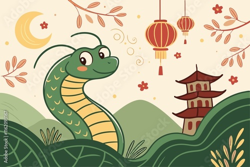 Whimsical and Enchanting Lunar New Year 2025 Poster: A Friendly Green Snake Weaves Through a Fantastical Landscape of Lush Greenery, Pagodas, and Floating Lanterns, Invoking a World of Wonder and Magi