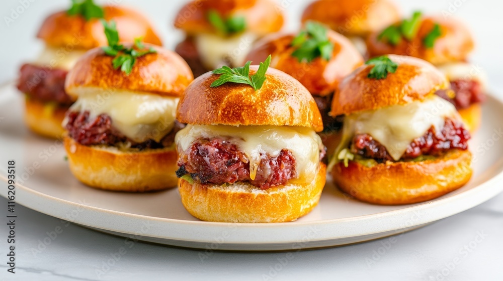 A plate of crispy corned beef sliders with melted Swiss cheese, sauerkraut, and mustard on mini rye buns, festive and flavorful A plate of crispy corned beef sliders with melted Swiss cheese, sauerkraut, and mustard on mini rye buns, festive and flavorful