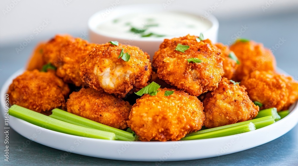 A platter of crispy chicken wings coated in spicy buffalo sauce, served with celery sticks and creamy ranch dipping sauce, perfect for the Super Bowl A platter of crispy chicken wings coated in spicy buffalo sauce, served with celery sticks and creamy ranch dipping sauce, perfect for the Super Bowl