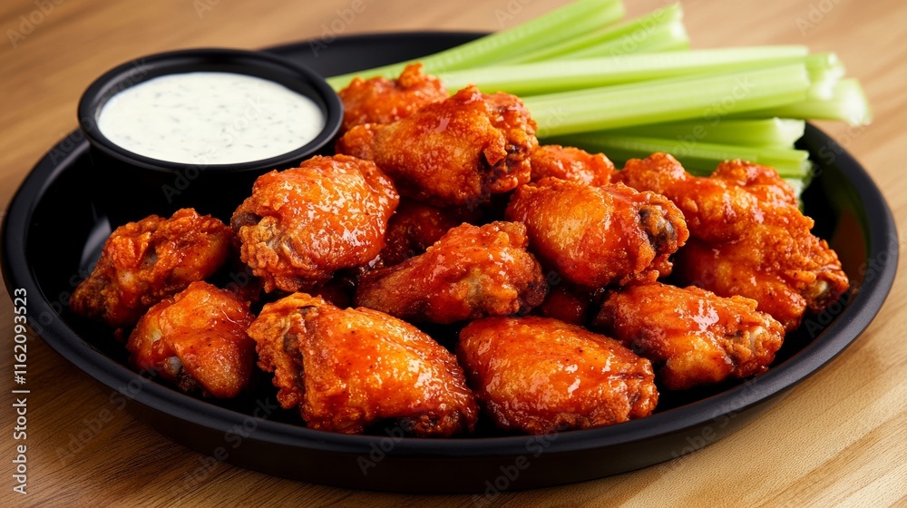 Fototapeta premium A platter of crispy chicken wings coated in spicy buffalo sauce, served with celery sticks and creamy ranch dipping sauce, perfect for the Super Bowl 