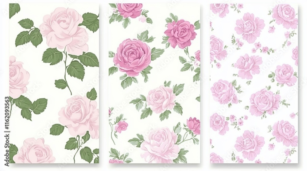 Elegant Pink Rose Floral Patterns, Three Designs Elegant Pink Rose Floral Patterns, Three Designs