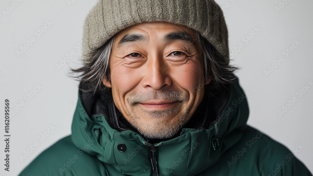 白背景で微笑むグリーンジャケットの日本人男性スノーボーダー
