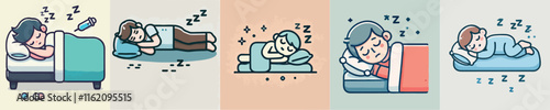 Vector collection of characters of a person sleeping soundly
