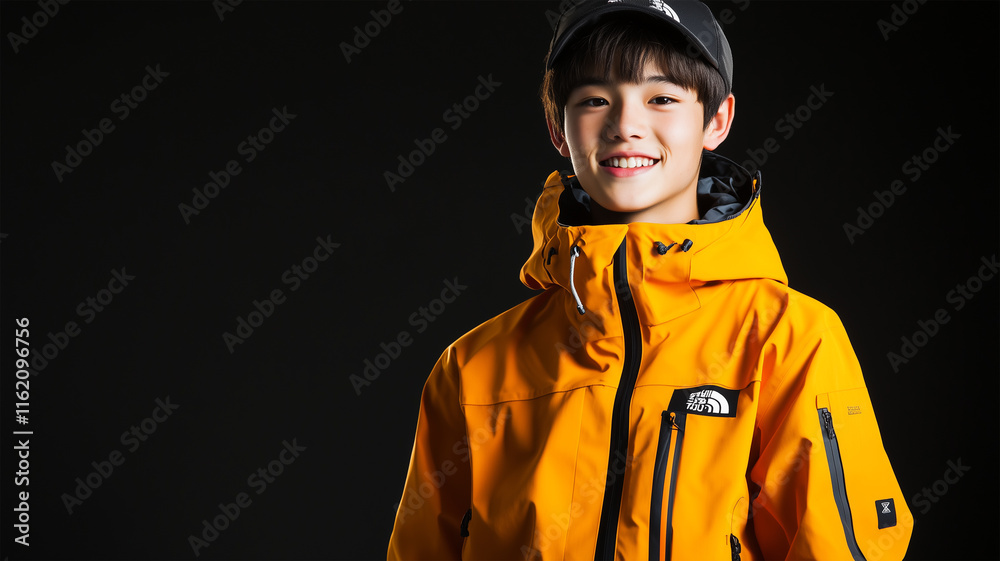 黒背景にオレンジのジャケットで輝く日本人少年スノーボーダー 黒背景にオレンジのジャケットで輝く日本人少年スノーボーダー