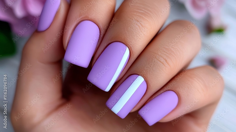 Pastel lilac nails with a matte finish and a single white stripe down the middle of the ring finger, chic and simple spring style Pastel lilac nails with a matte finish and a single white stripe down the middle of the ring finger, chic and simple spring style
