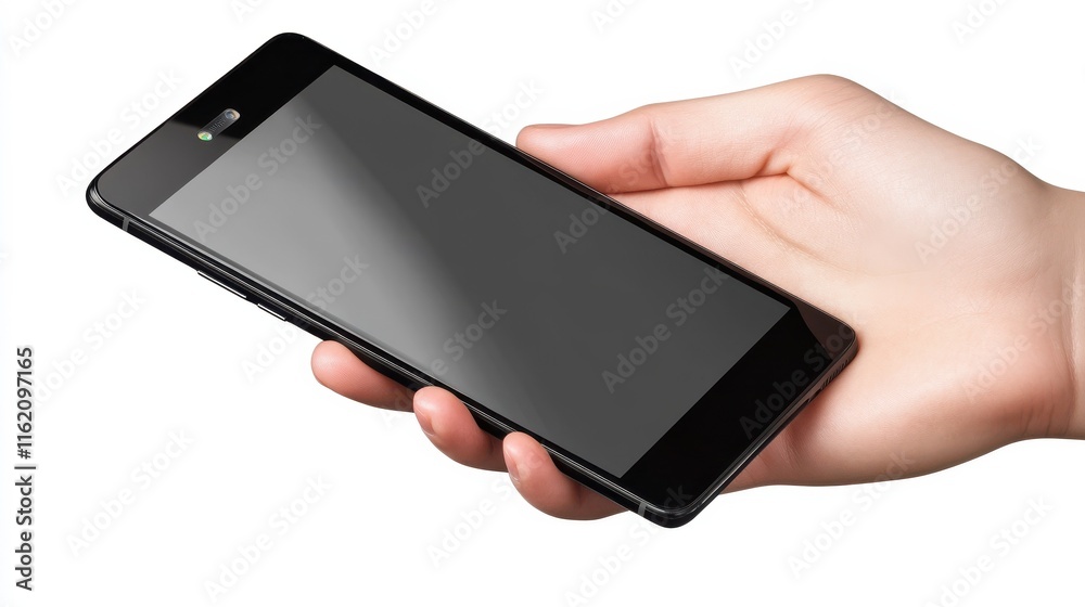 Hand holding the black smartphone with mockup of blank screen on isolated white background. Hand holding the black smartphone with mockup of blank screen on isolated white background.