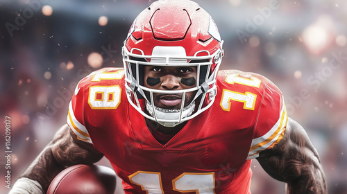 American football player. African american player in helmet and red uniform holding ball