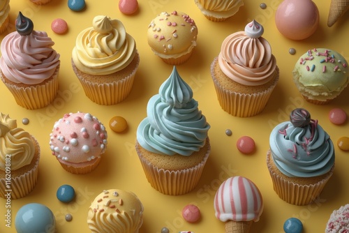 Colorful cupcakes with frosting, candies, and sprinkles on yellow background. photo