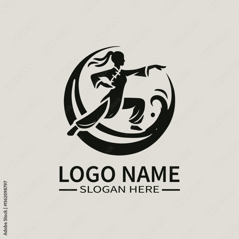 Fototapeta premium Tai Chi Woman Logo Design, Martial Arts Female vector Logo, Yoga and Tai Chi vector Logo, Mind and Body Balance vector Logo, Wellness and Serenity