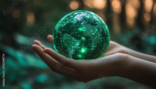 Hands gently cradling a green crystal globe ball, representing ecosustainable business practices, CSR, and environmental stewardship, enhanced by Generative AI photo