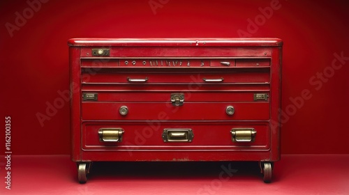 Vintage red metal cabinet with drawers on wheels against a red background.