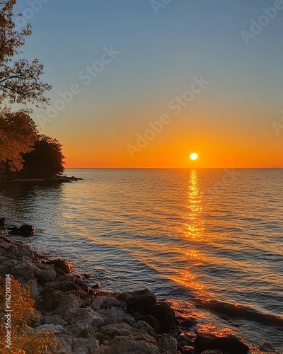 A breathtaking panoramic view of a peaceful lake at twilight, featuring a golden sunset, calm waters, and distant trees beneath a clear blue sky