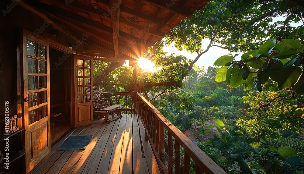 Fototapeta premium A charming rustic treehouse balcony surrounded by lush greenery and soft sunlight, creating a peaceful and harmonious natural atmosphere