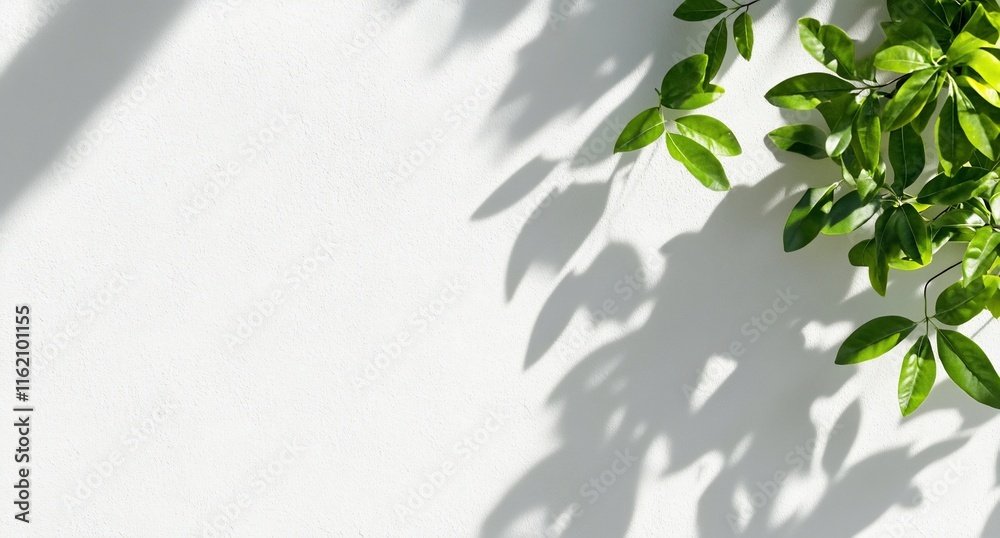 Green leaves casting shadows on a white background. Green leaves casting shadows on a white background.